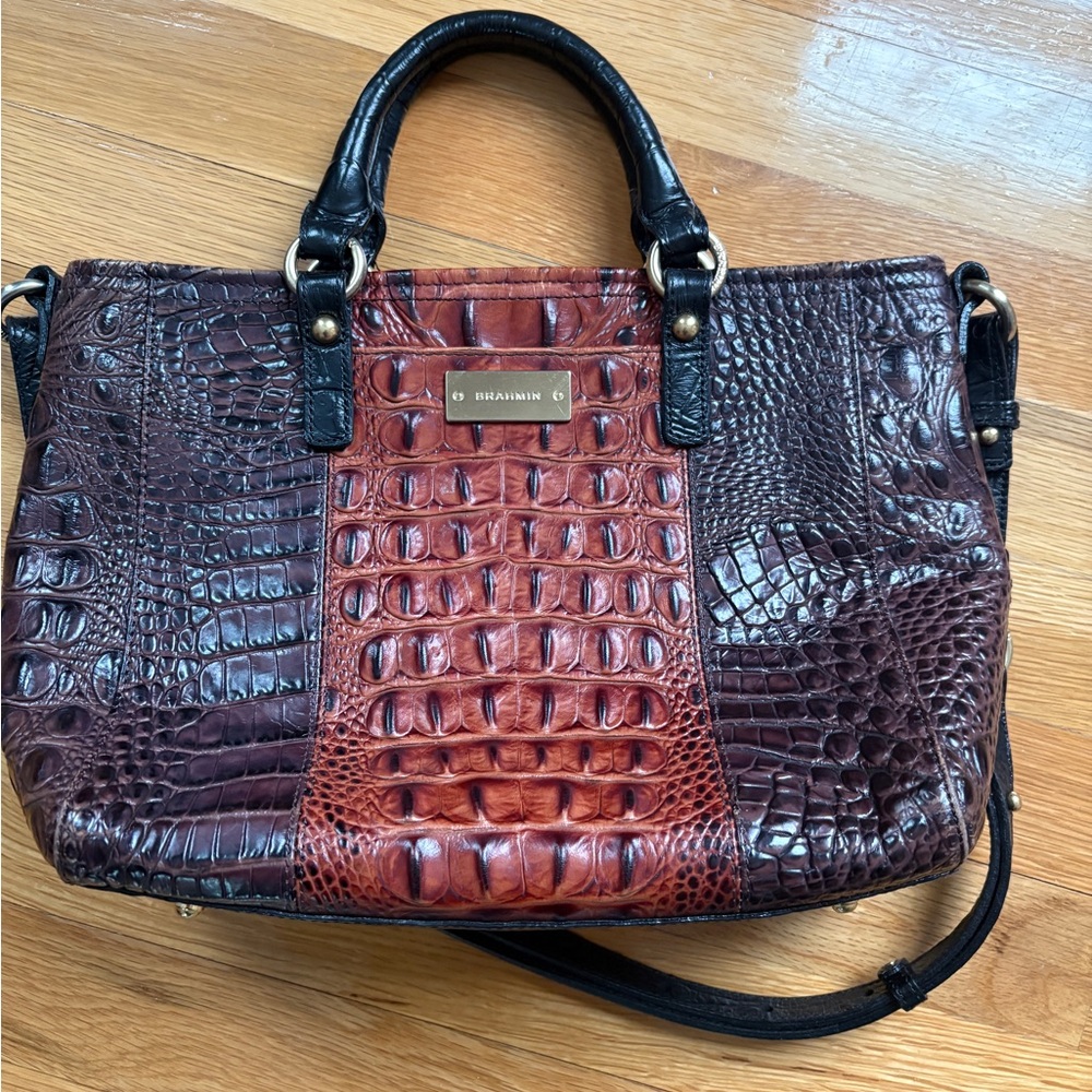Brahmin Brown and Black Satchel with Crocodile Texture